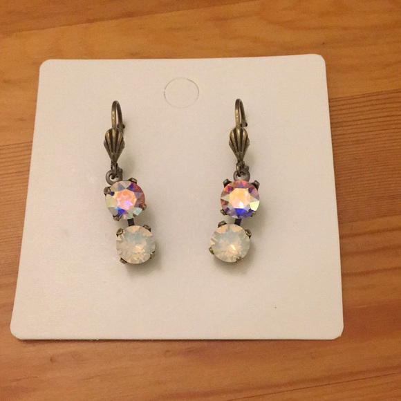 Antique Brass Aurora Borealis + White Opal Crystal Drop Earrings - Picture 3 of 5